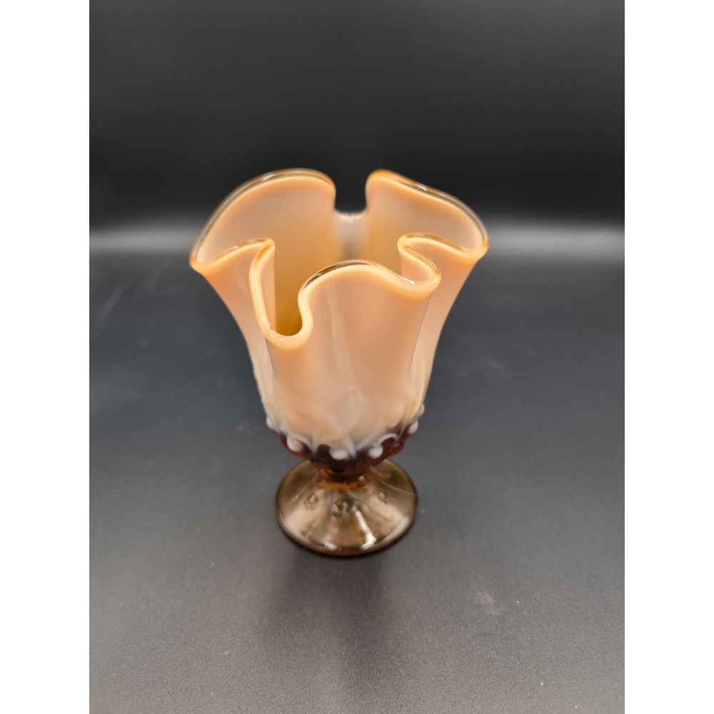 Vtg Fenton Thumbprint Amberina Glass Handkerchief Vase Peach Amber UV Glow